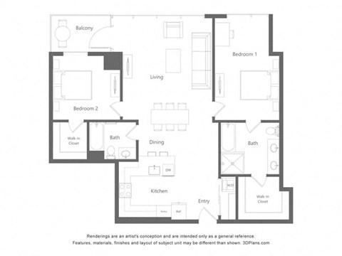 Floor plan for 2 beds, 2 baths, 1267 sqft